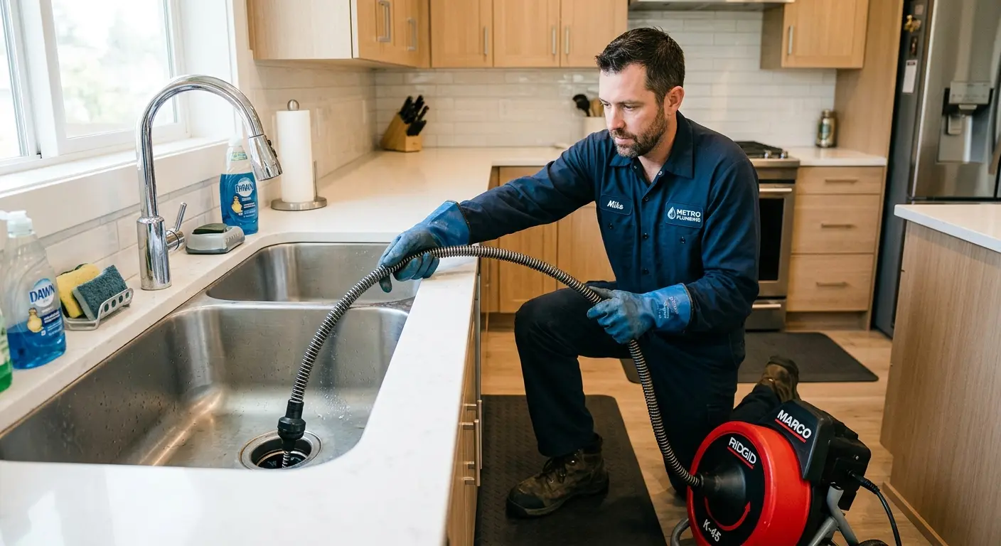 Drain cleaning technician using a motorized snake on a kitchen sink in Lake Station