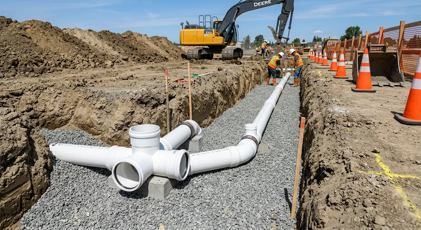 New PVC sewer pipe installation in open trench for Sewer Backup in Lake Station