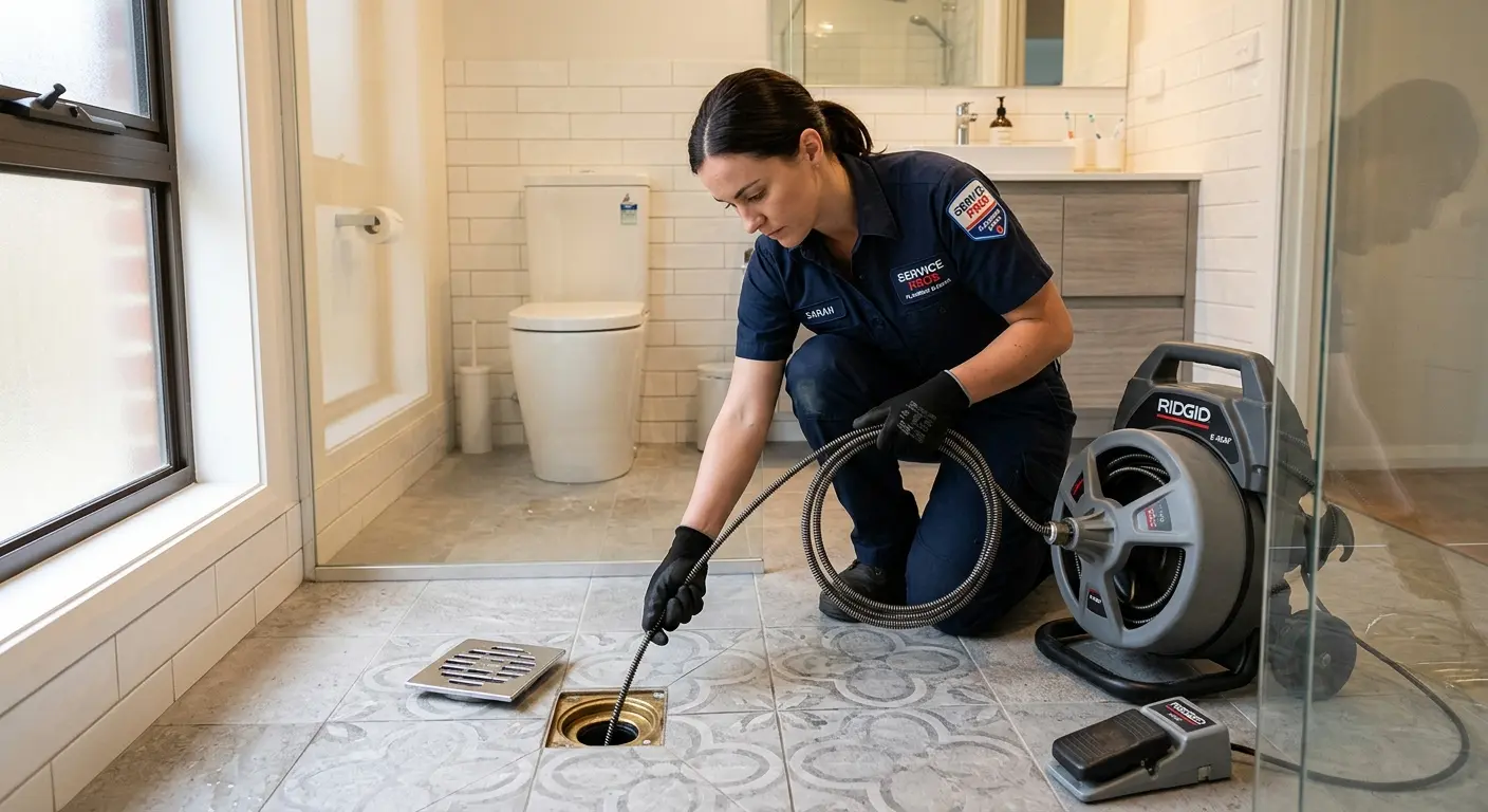 Technician clearing a bathroom floor drain for Drain Cleaning in Lake Station